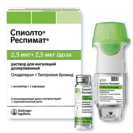 Спиолто Респимат, 2.5 мкг+2.5 мкг/доза, раствор для ингаляций дозированный, в комплекте с ингалятором Респимат, 4 мл, 1 шт.